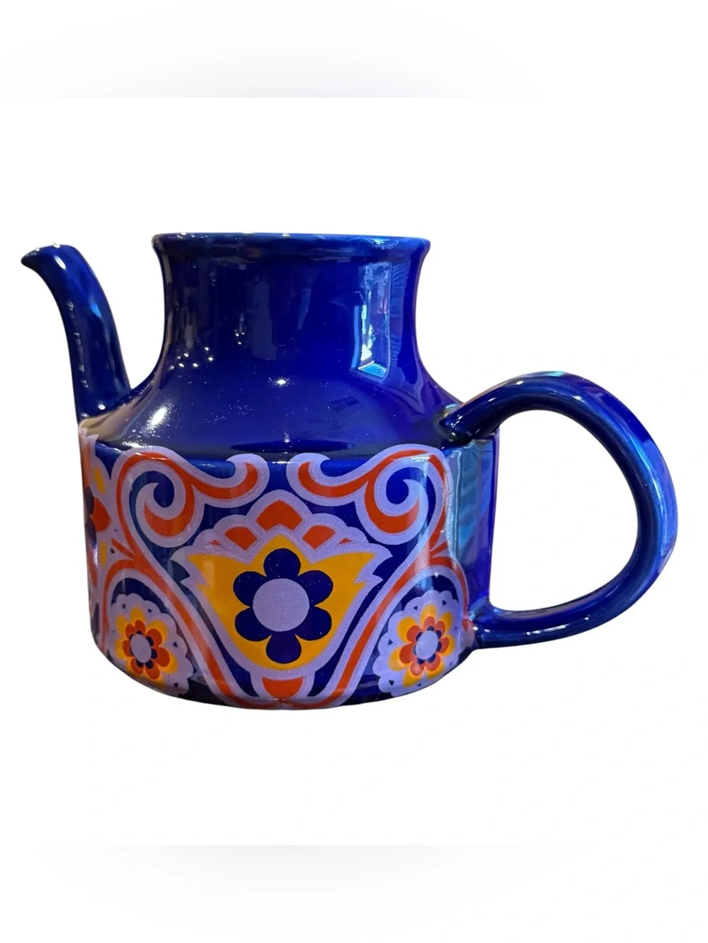 Vintage Collectible Arthur Wood Cobalt Blue Modern Floral Print (5) Cup Tea Pot